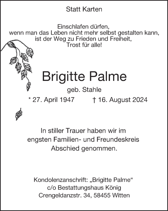 Traueranzeige von Brigitte Palme von Tageszeitung