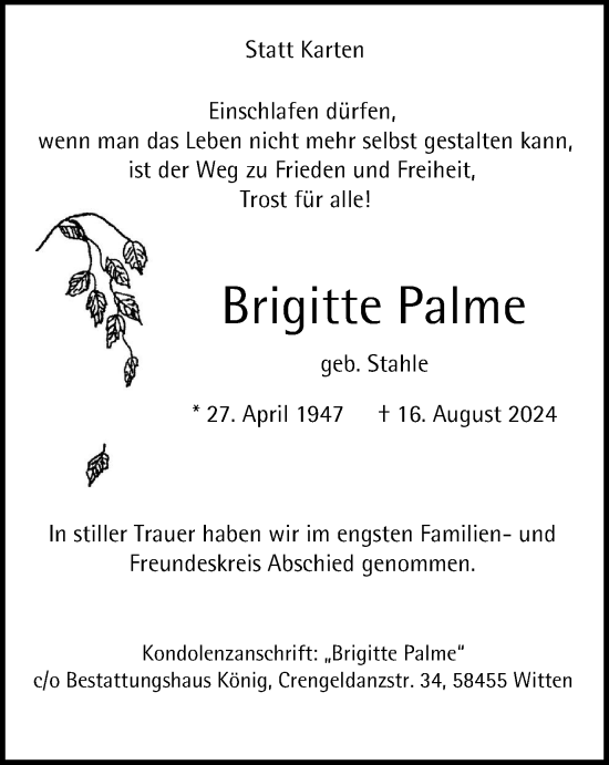 Traueranzeige von Brigitte Palme von Tageszeitung