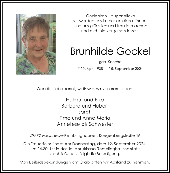 Traueranzeige von Brunhilde Gockel von Tageszeitung