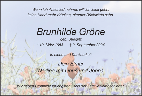 Traueranzeige von Brunhilde Gröne von Tageszeitung