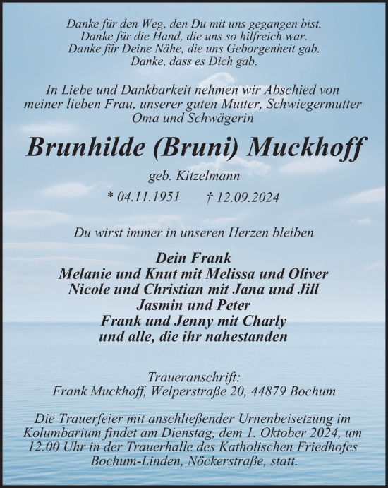 Traueranzeige von Brunhilde Muckhoff von Tageszeitung