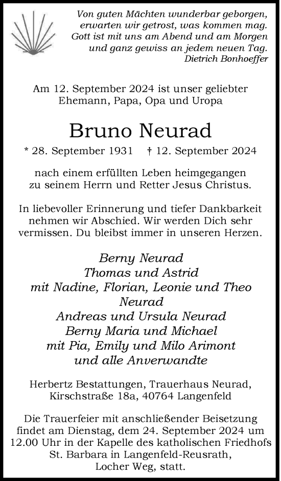 Traueranzeige von Bruno Neurad von Tageszeitung
