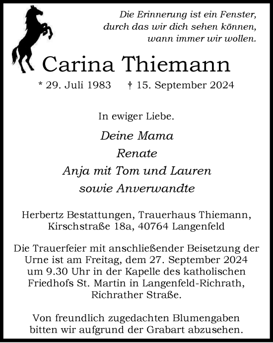 Traueranzeige von Carina Thiemann von Tageszeitung