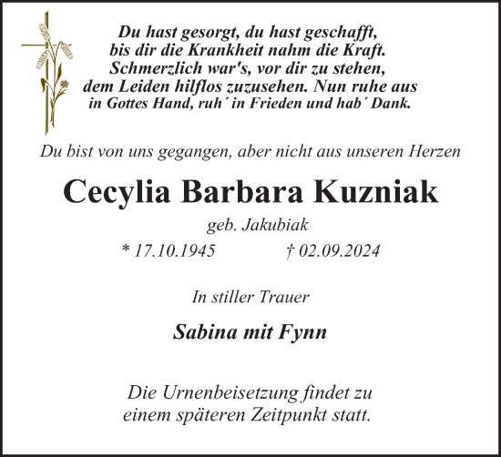 Traueranzeige von Cecylia  Kuzniak von Tageszeitung
