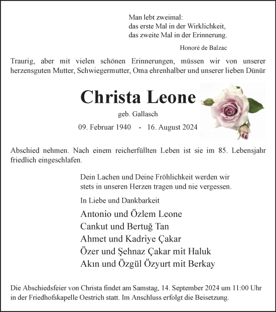 Traueranzeige von Christa Leone von Tageszeitung
