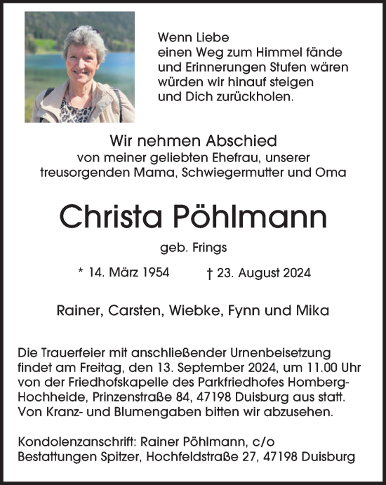 Traueranzeige von Christa Pöhlmann von Tageszeitung