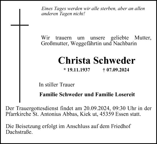 Traueranzeige von Christa Schweder von Tageszeitung