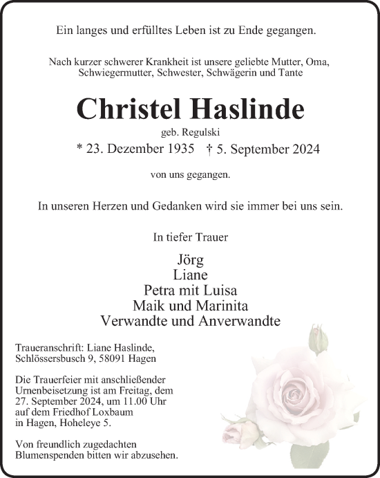 Traueranzeige von Christel Haslinde von Tageszeitung