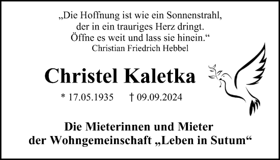 Traueranzeige von Christel Kaletka von Tageszeitung