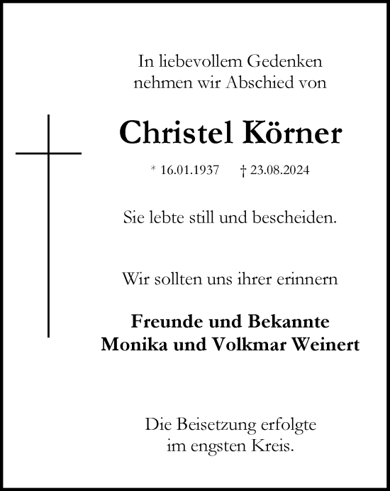 Traueranzeige von Christel Körner von Tageszeitung