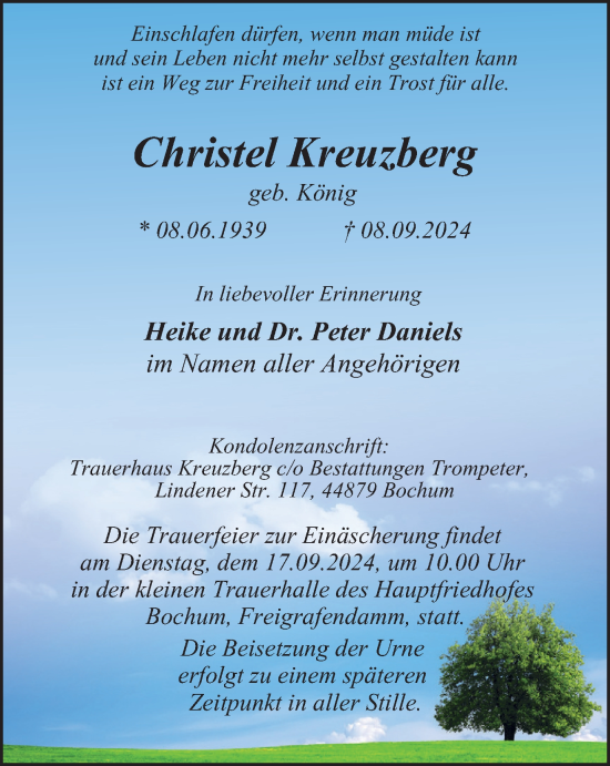 Traueranzeige von Christel Kreuzberg von Tageszeitung