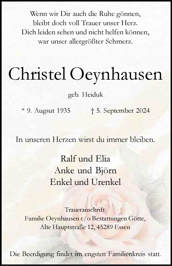 Traueranzeige von Christel Oeynhausen von Tageszeitung