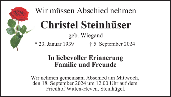 Traueranzeige von Christel Steinhüser von Tageszeitung