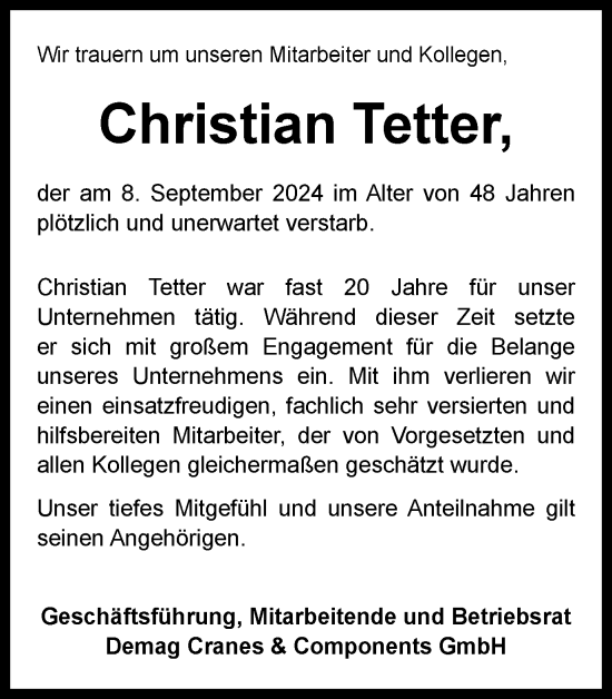 Traueranzeige von Christian Tetter von Tageszeitung