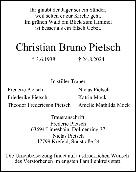Traueranzeige von Christian Bruno Pietsch von Tageszeitung