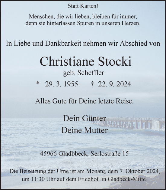 Traueranzeige von Christiane Stocki von Tageszeitung