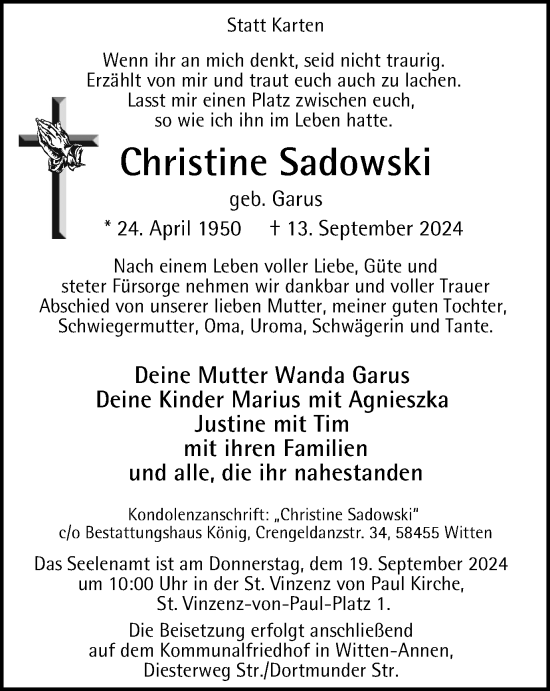 Traueranzeige von Christine Sadowski von Tageszeitung