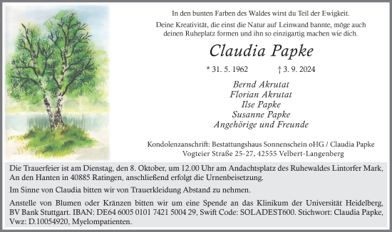 Traueranzeige von Claudia Papke von Tageszeitung