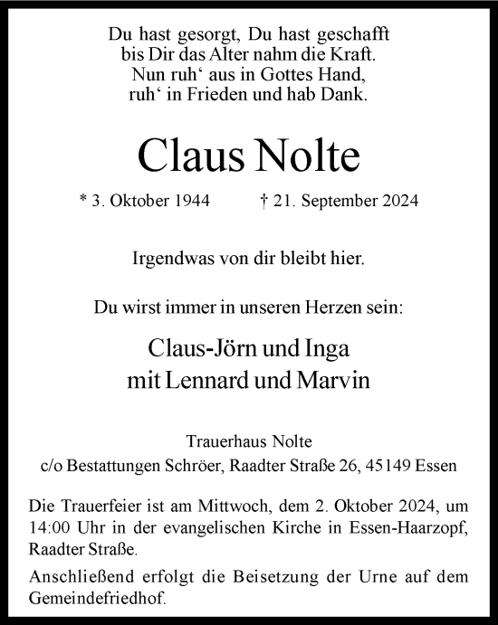 Traueranzeige von Claus Nolte von Tageszeitung
