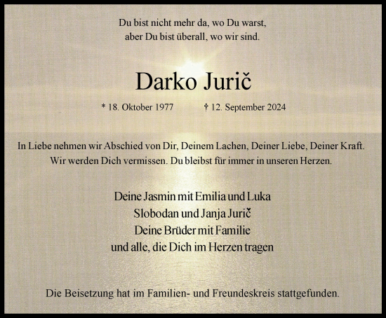 Traueranzeige von Darko Juric von Tageszeitung