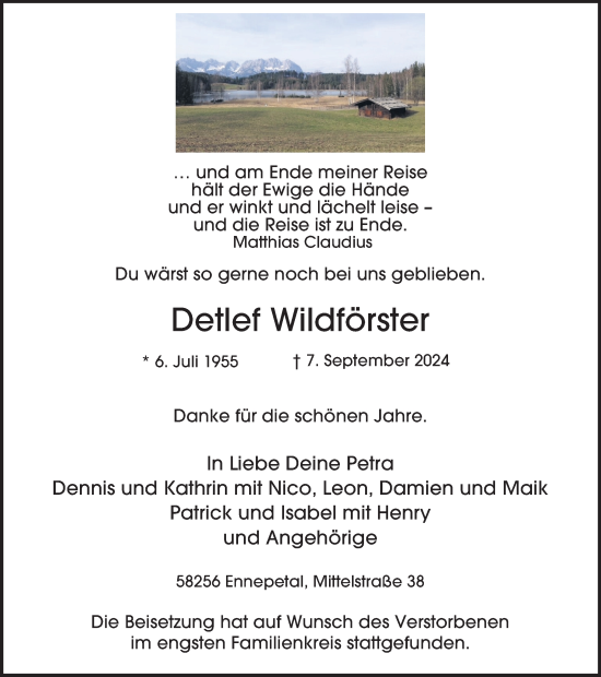 Traueranzeige von Detlef Wildförster von Tageszeitung