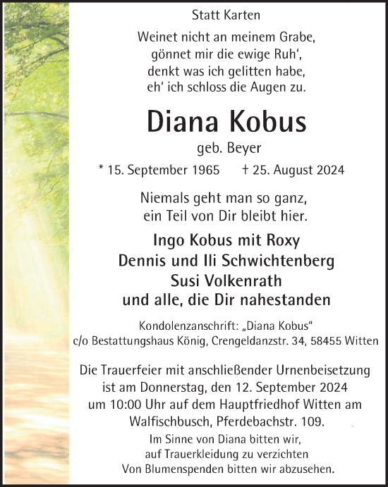 Traueranzeige von Diana Kobus von Tageszeitung
