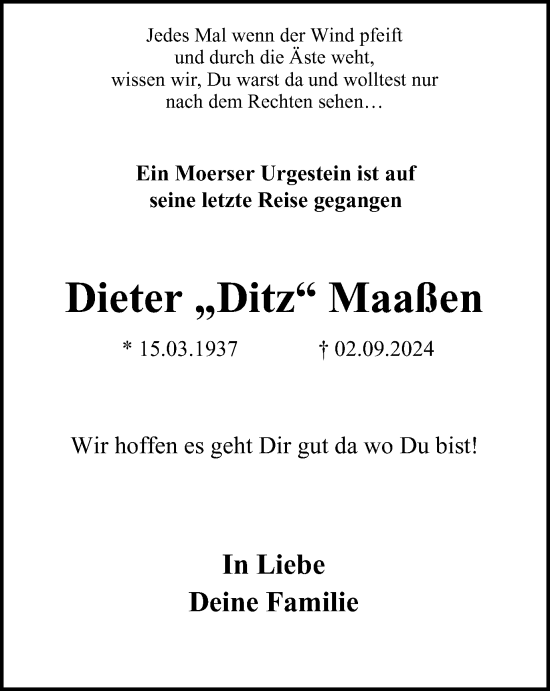 Traueranzeige von Dieter Maaßen von Tageszeitung