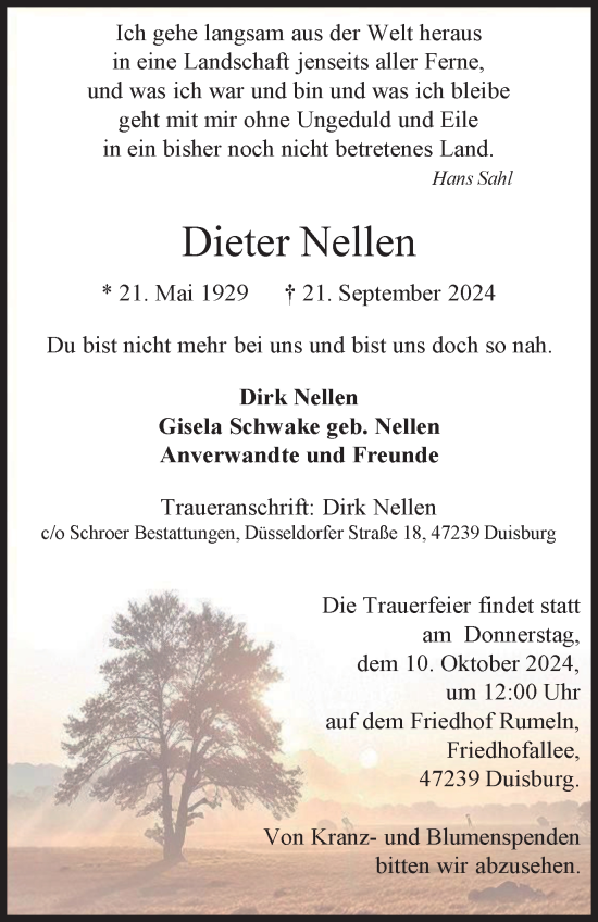Traueranzeige von Dieter Nellen von Tageszeitung
