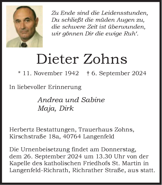 Traueranzeige von Dieter Zohns von Tageszeitung