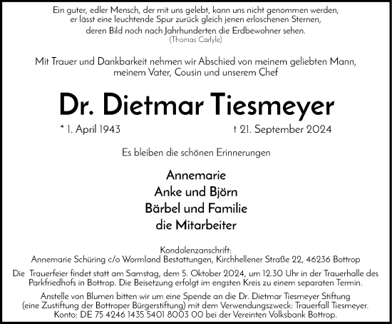Traueranzeige von Dietmar Tiesmeyer von Tageszeitung