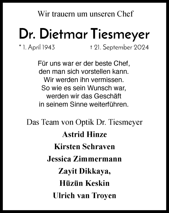 Traueranzeige von Dietmar Tiesmeyer von Tageszeitung