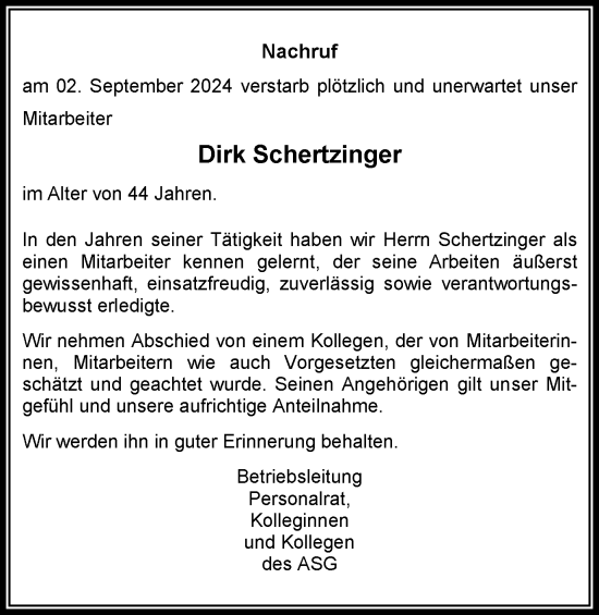 Traueranzeige von Dirk Schertzinger von Tageszeitung