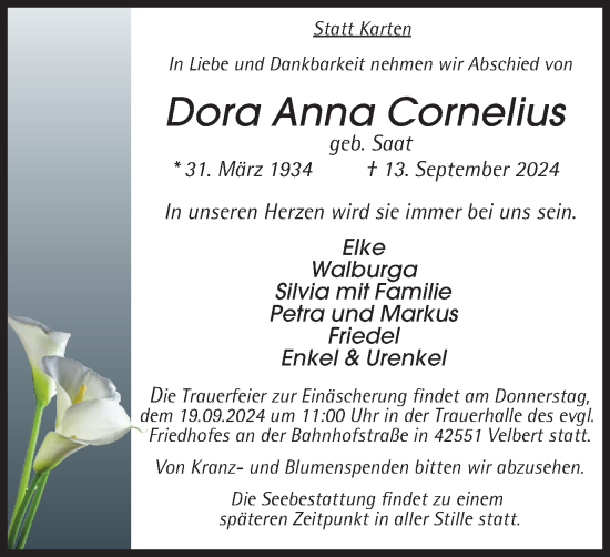 Traueranzeige von Dora Anna Cornelius von Tageszeitung