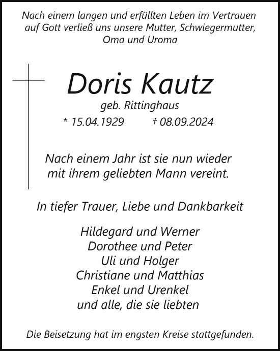 Traueranzeige von Doris Kautz von Tageszeitung