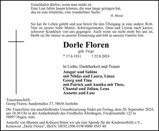 Traueranzeige von Dorle Floren von Tageszeitung
