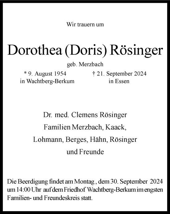 Traueranzeige von Dorothea Rösinger von Tageszeitung