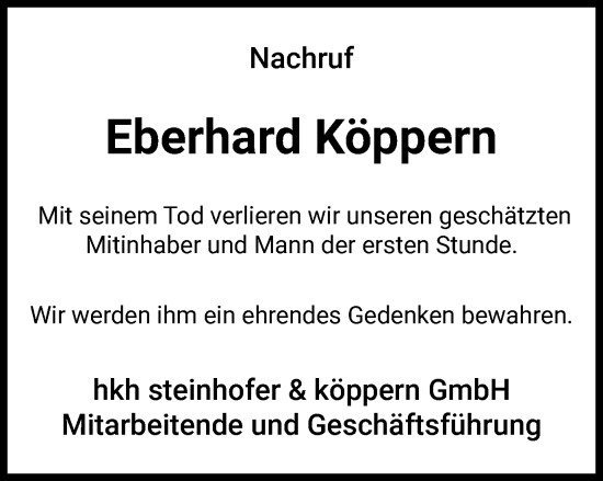 Traueranzeige von Eberhard Köppern von Tageszeitung
