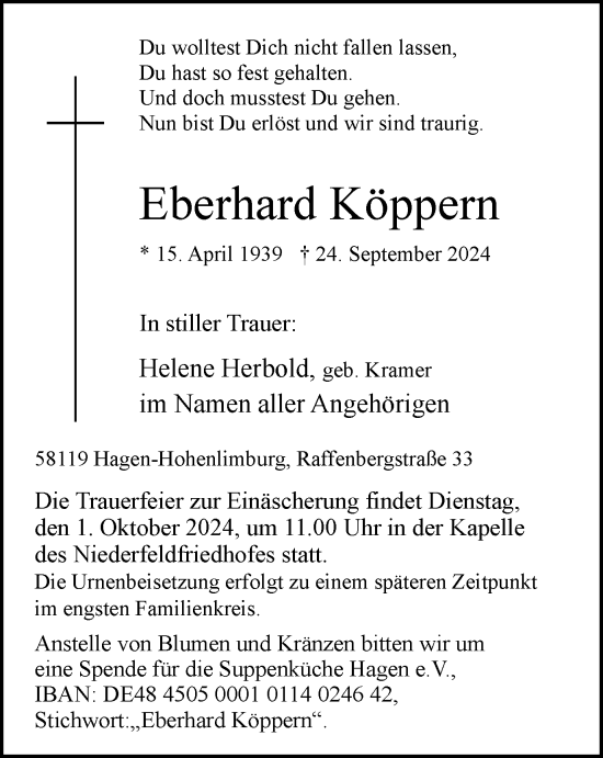 Traueranzeige von Eberhard Köppern von Tageszeitung