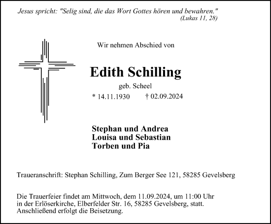 Traueranzeige von Edith Schilling von Tageszeitung
