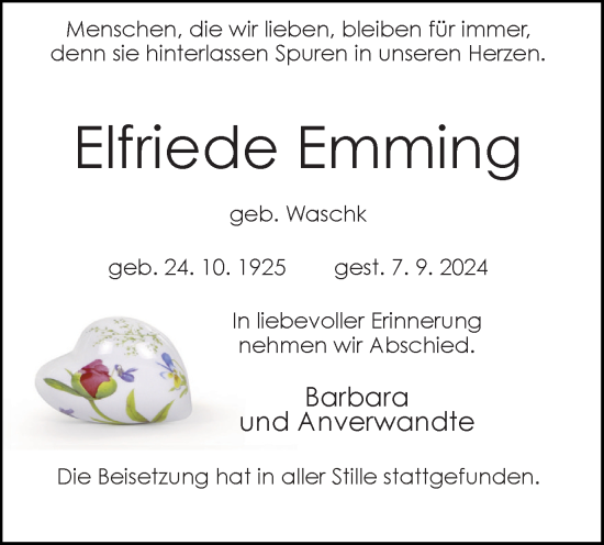 Traueranzeige von Elfriede Emming von Tageszeitung