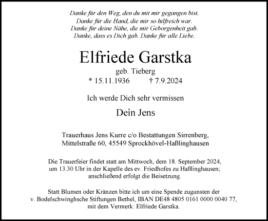 Traueranzeige von Elfriede Garstka von Tageszeitung