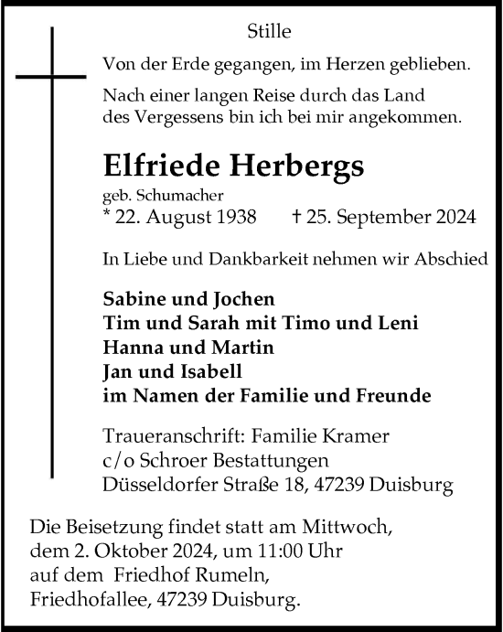 Traueranzeige von Elfriede Herbergs von Tageszeitung