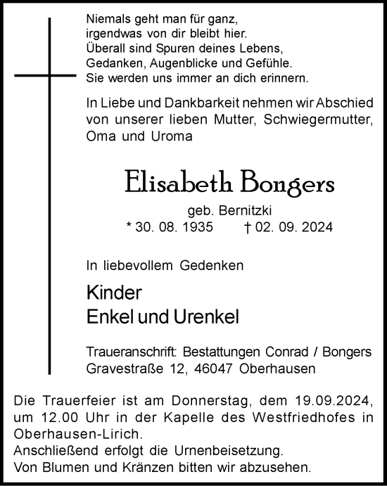 Traueranzeige von Elisabeth Bongers von Tageszeitung
