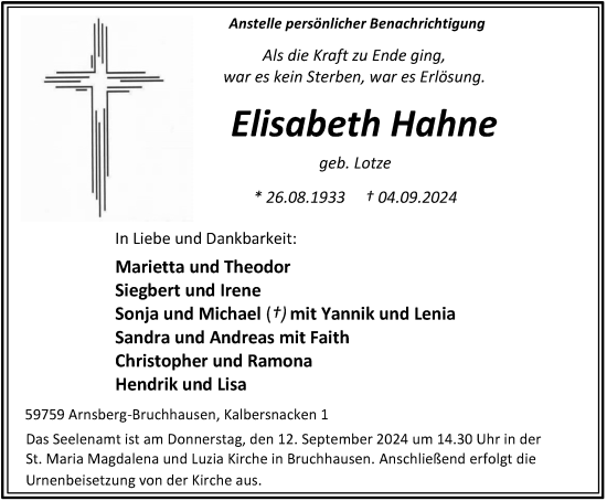 Traueranzeige von Elisabeth Hahne von Tageszeitung