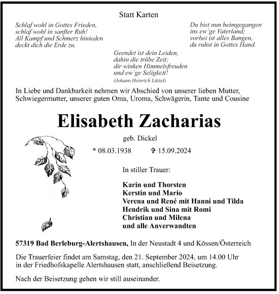 Traueranzeige von Elisabeth Zacharias von Tageszeitung