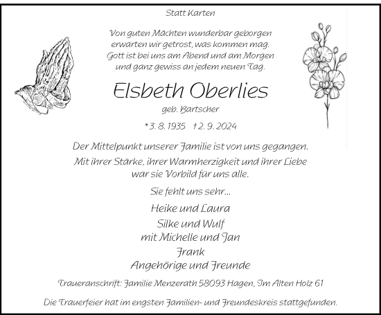 Traueranzeige von Elsbeth Oberlies von Tageszeitung