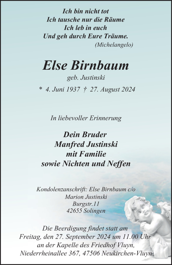 Traueranzeige von Else Birnbaum von Tageszeitung