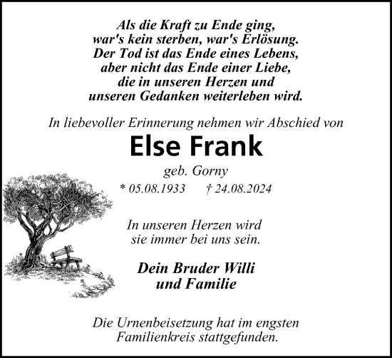 Traueranzeige von Else Frank von Tageszeitung