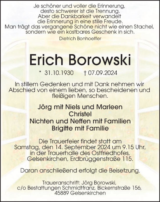 Traueranzeige von Erich Borowski von Tageszeitung