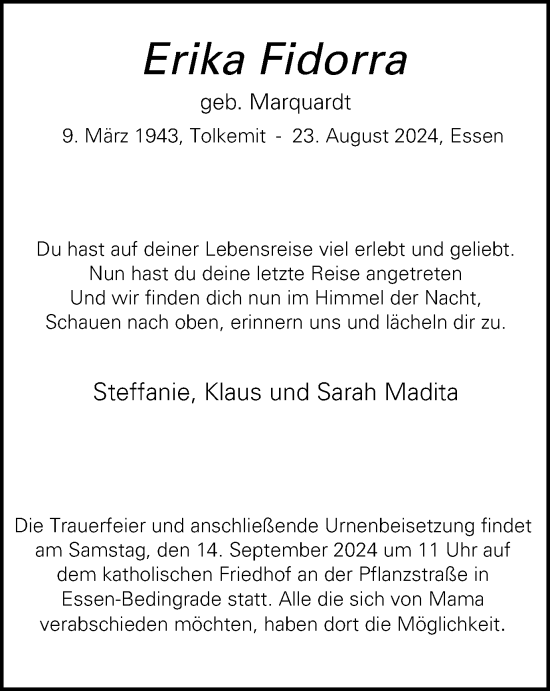 Traueranzeige von Erika Fidorra von Tageszeitung